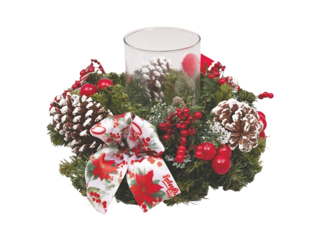 Centrotavola 35x20cm con vaso in vetro, pigne e stelle di natale rosse
