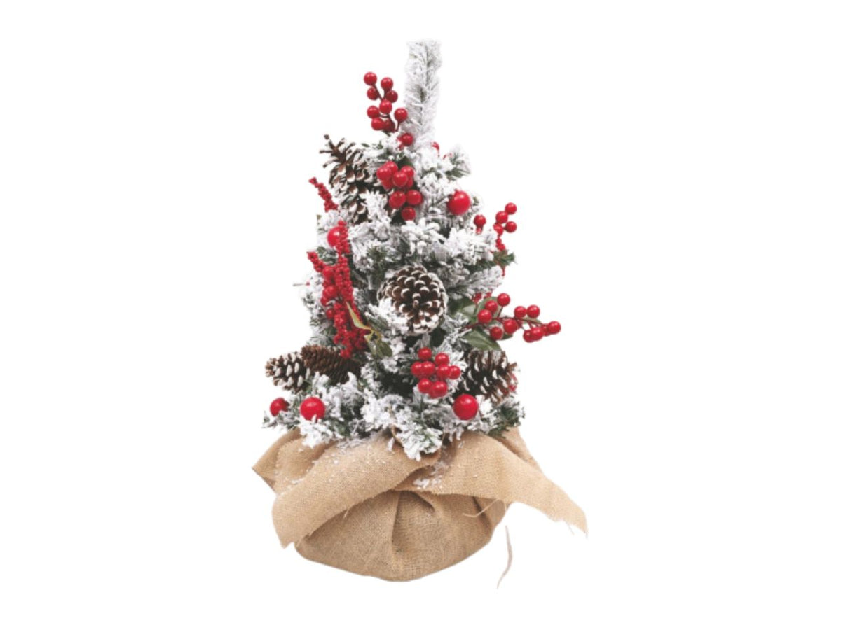 Albero di Natale innevato 60cm con bacche rosse e base in juta