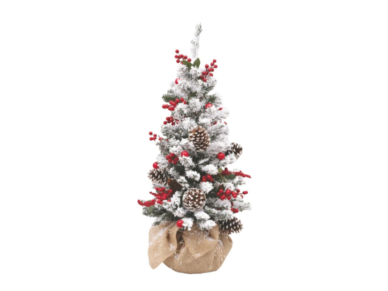 Albero innevato 90cm con bacche rosse e base in juta