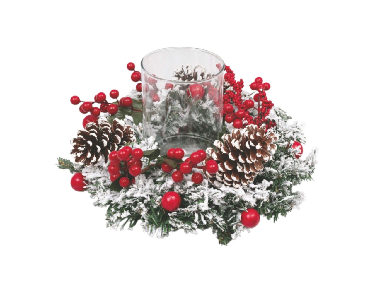 Centrotavola innevato 35x20cm con vaso in vetro e bacche rosse