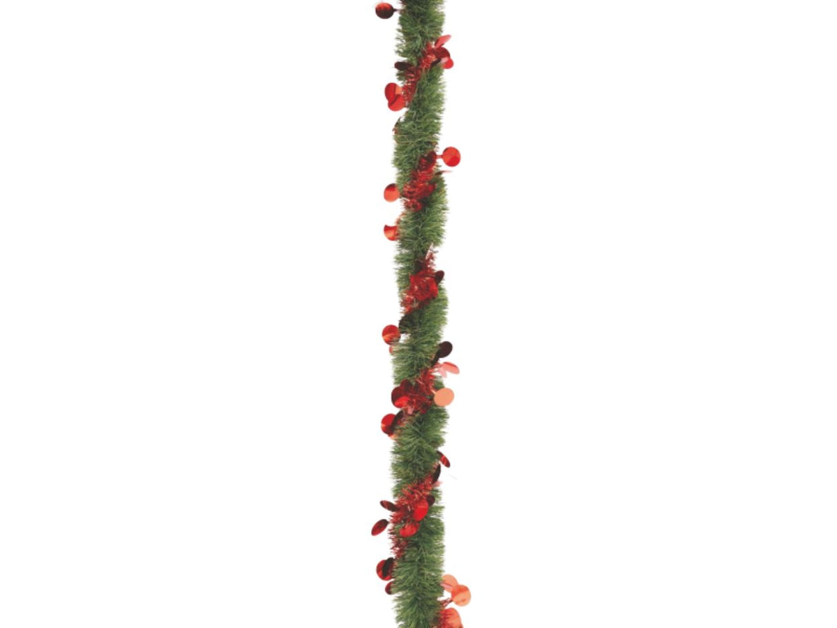 Filo decorativo natalizio 270cm diametro 8cm verde con filo rosso e sfere fustellate