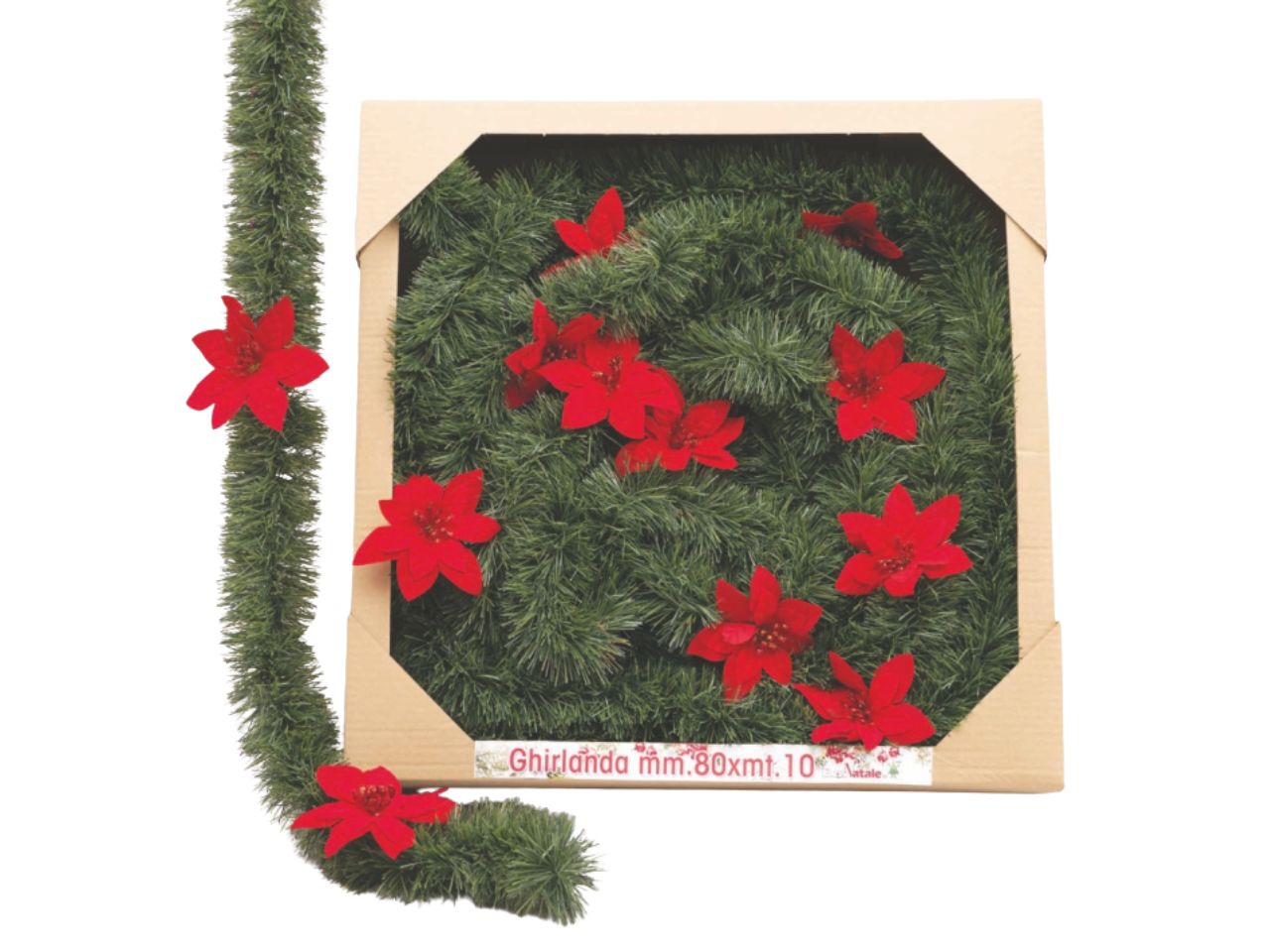 Filo decorativo 10mt diametro 8cm verde con stelle di natale rosse