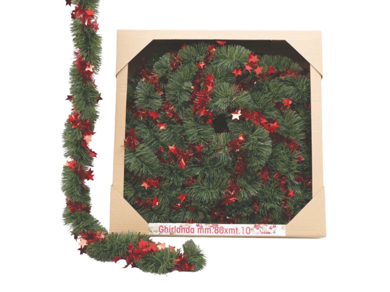 Filo decorativo 10mt diametro 8cm verde con filo stelle rosse