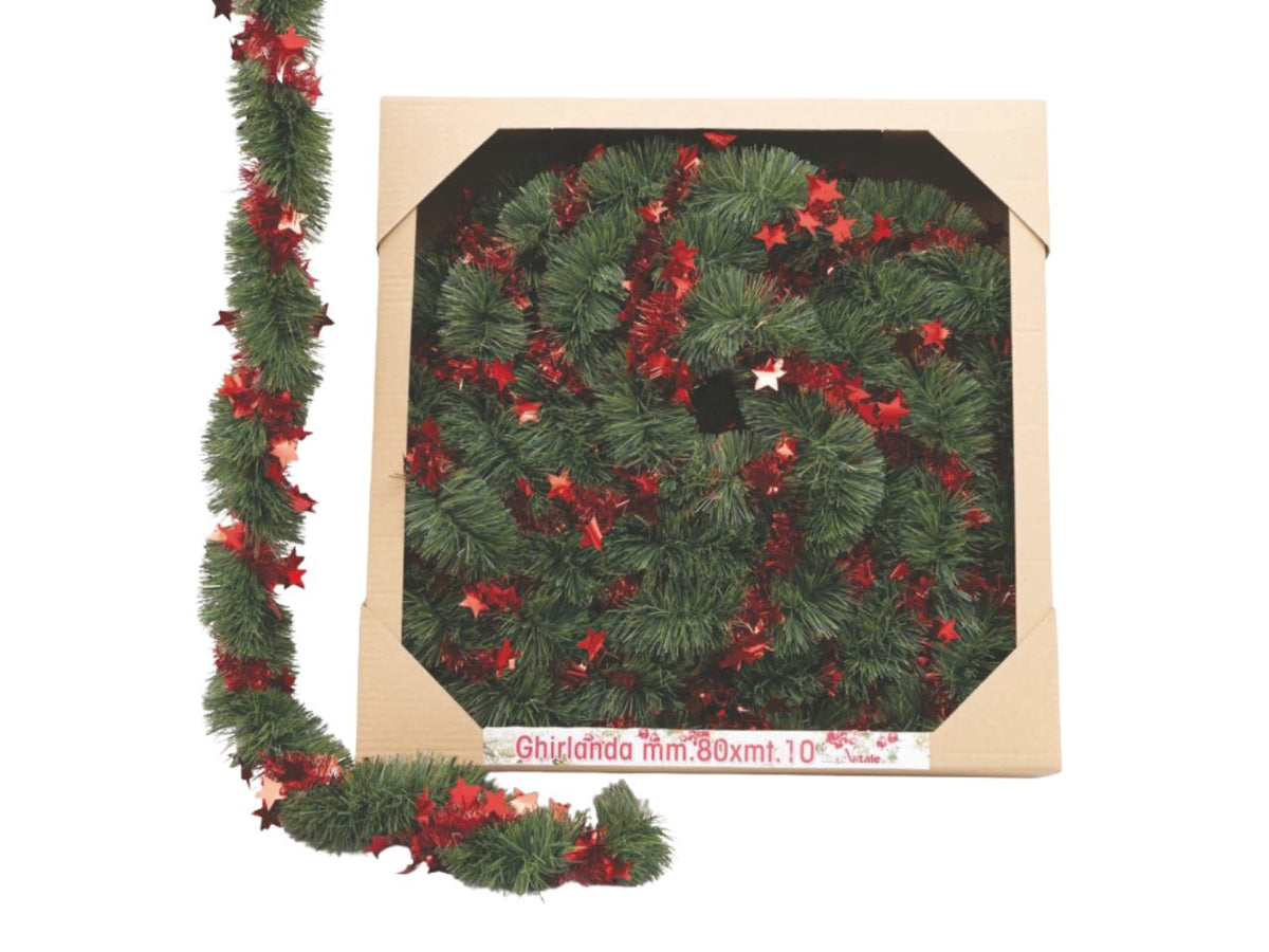 Filo decorativo natalizio 10mt diametro 8cm verde con stelle rosse