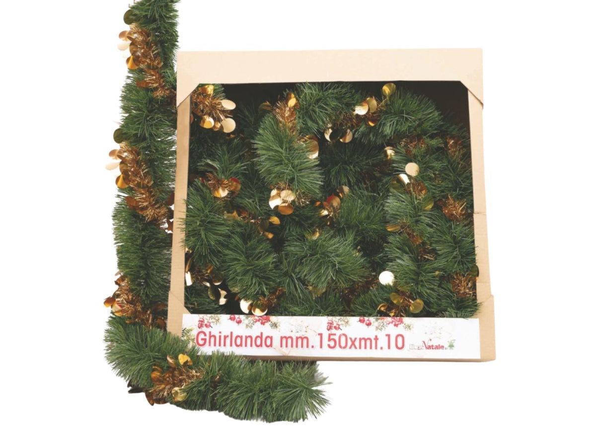 Filo decorativo natalizio 10mt diametro 12cm verde con sfere oro