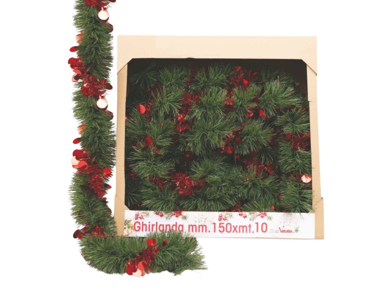 Filo decorativo 10mt diametro 12cm verde con filo sfere rosse