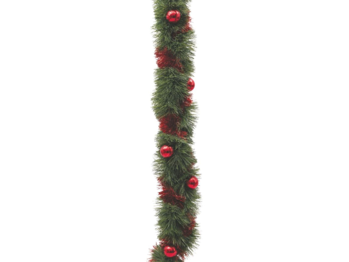 Filo decorativo natalizio 250cm diametro 20cm verde con sfere rosse