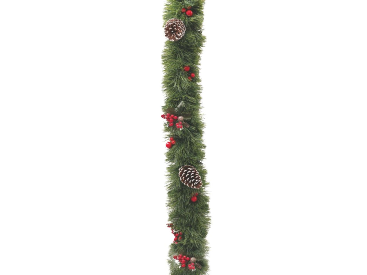 Filo decorativo natalizio 250cm diametro 20cm verde con pigne e bacche rosse