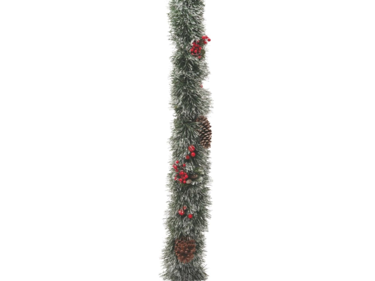 Filo decorativo 250cm diametro 20cm verde con punte bianche, pigne e bacche rosse