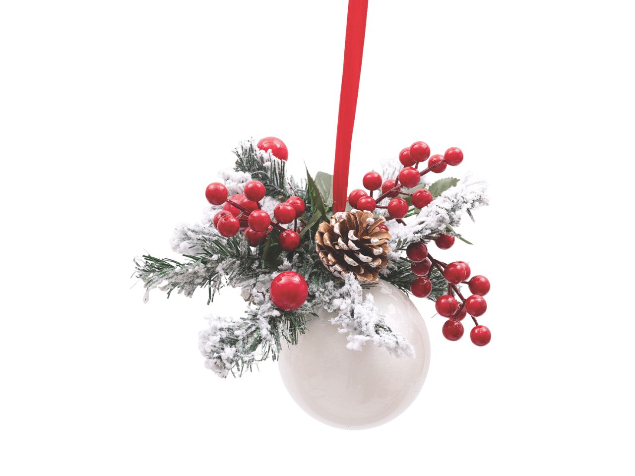 Palla 12cm bianca con rami innevati e bacche rosse