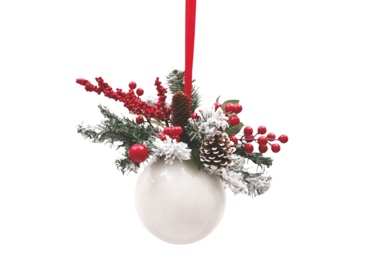 Palla 15cm bianca con rami innevati e bacche rosse