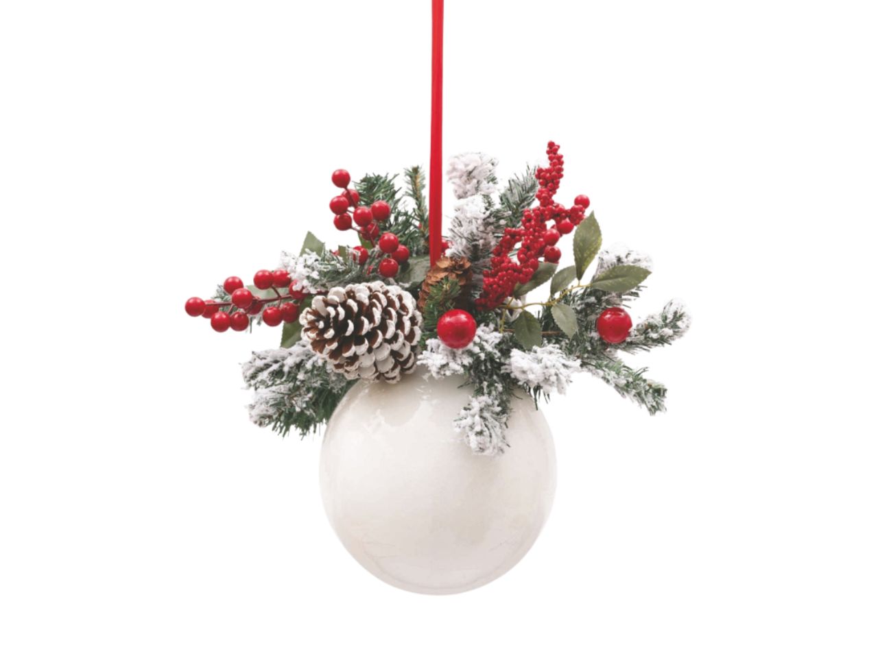Palla 20cm bianca con rami innevati e bacche rosse