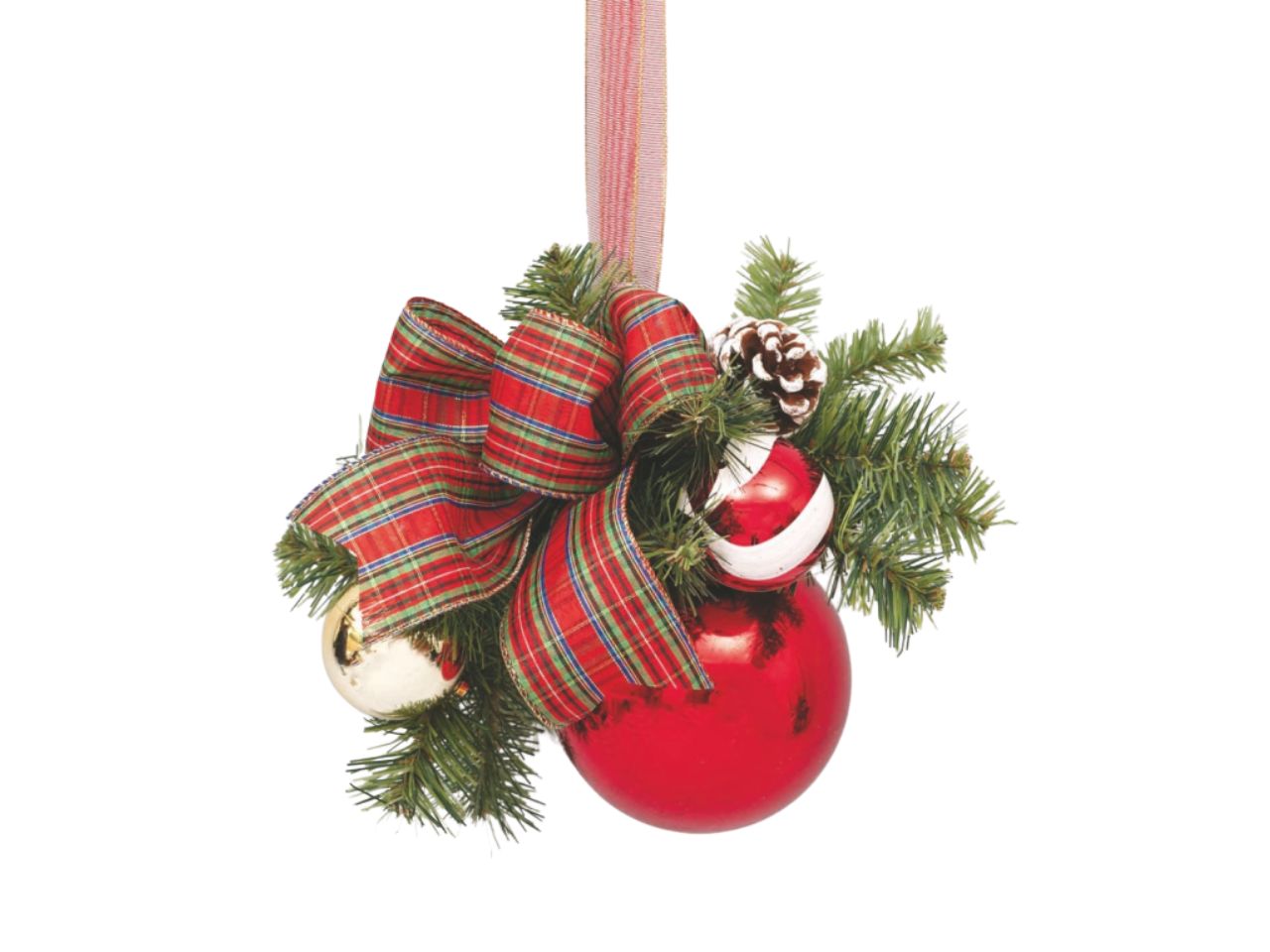 Palla 12cm rossa con rami, nastro scozzese e bacche rosse