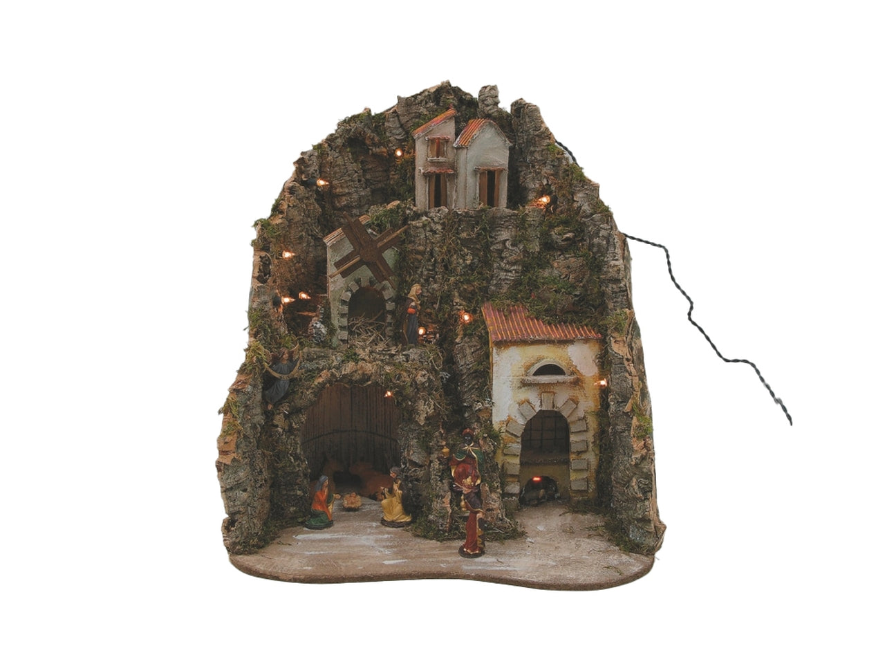 Ambientazione 50x43x56cm con nativitÃ  9pezzi, mulino, luci a batteria e fuoco elettico