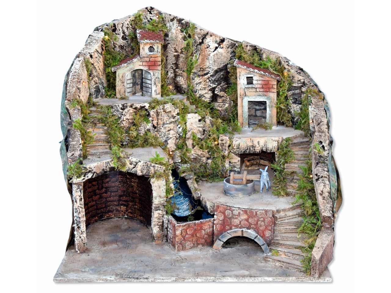 Capanna vuota con case, luci, cascata e macina funzionante 50x47cm