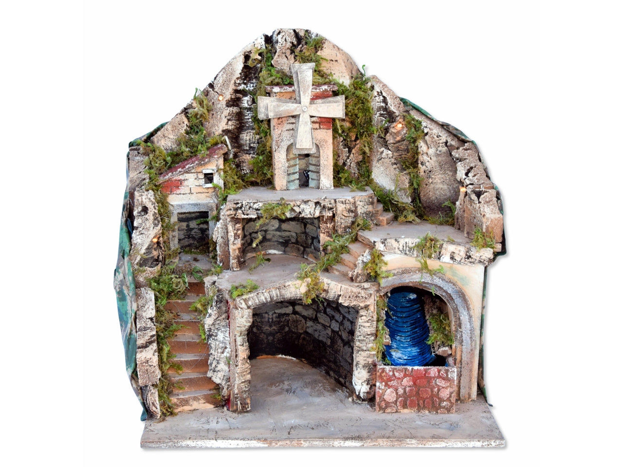 Capanna vuota con case, luci, cascata e mulino a vento funzionante 42x45cm