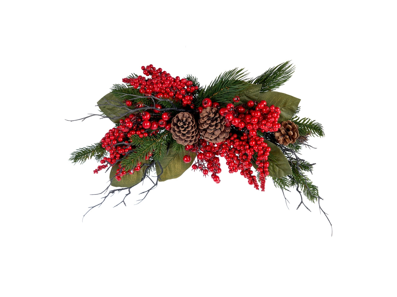 Dietroporta 46x20x13cm addobbata con foglie, bacche rosse e pigne