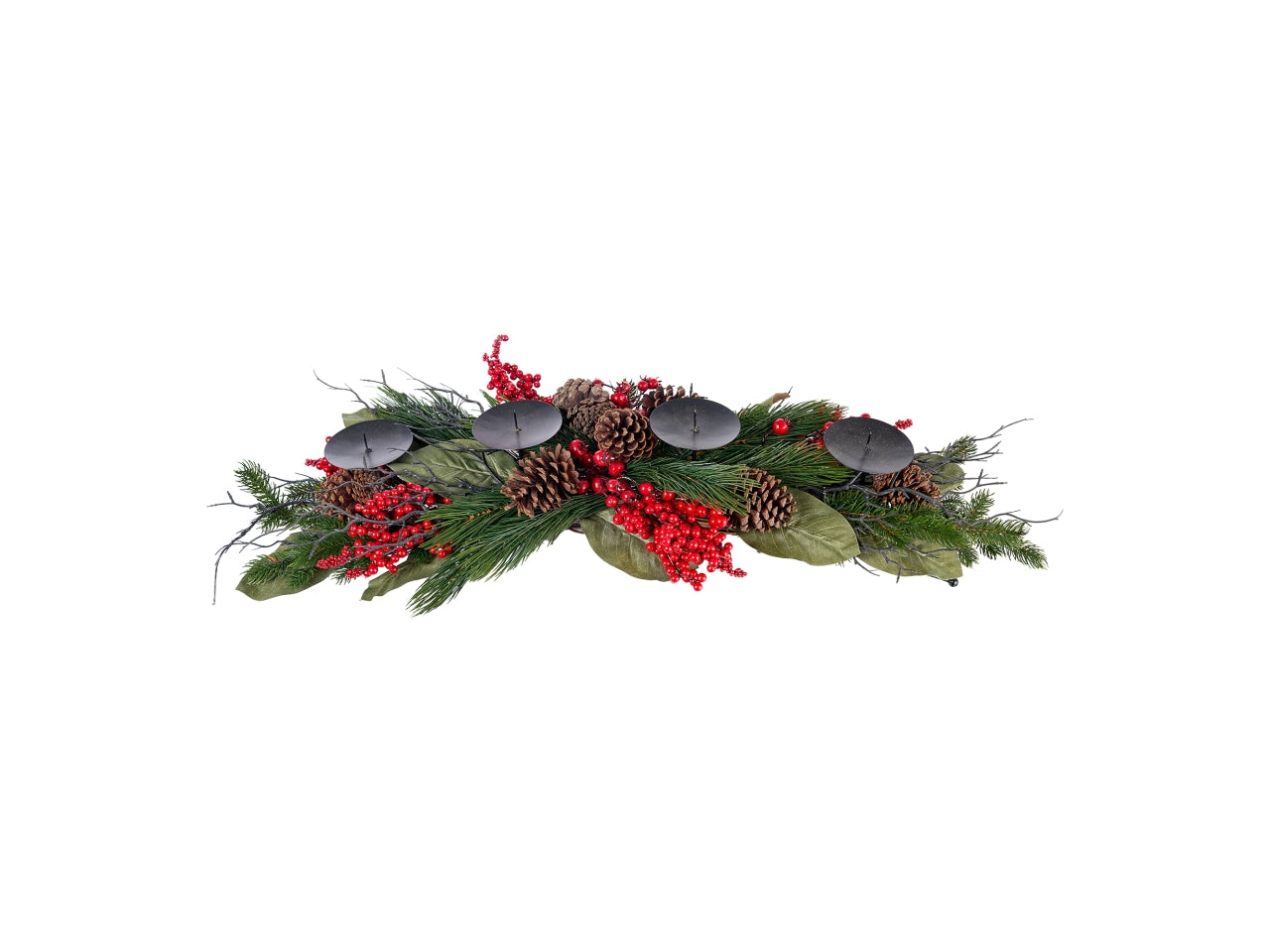 Portacandela 84x25x20cm 4 posti addobbata con foglie, bacche rosse e pigne
