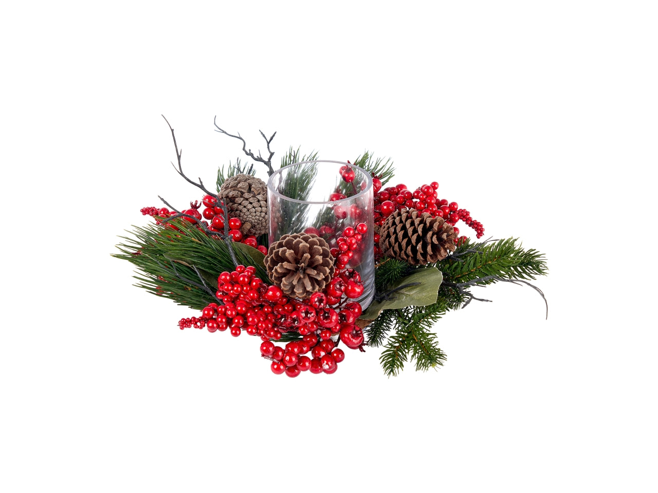 Centrotavola 30cm addobbata con foglie, bacche rosse e pigne