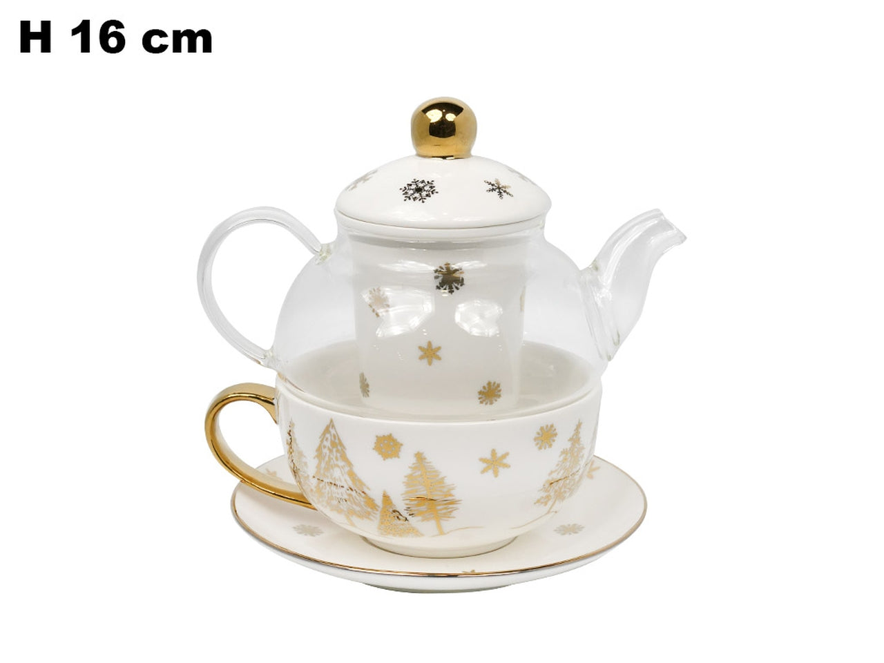 Tazza con teiera+piattino 16cm bianca con decori oro