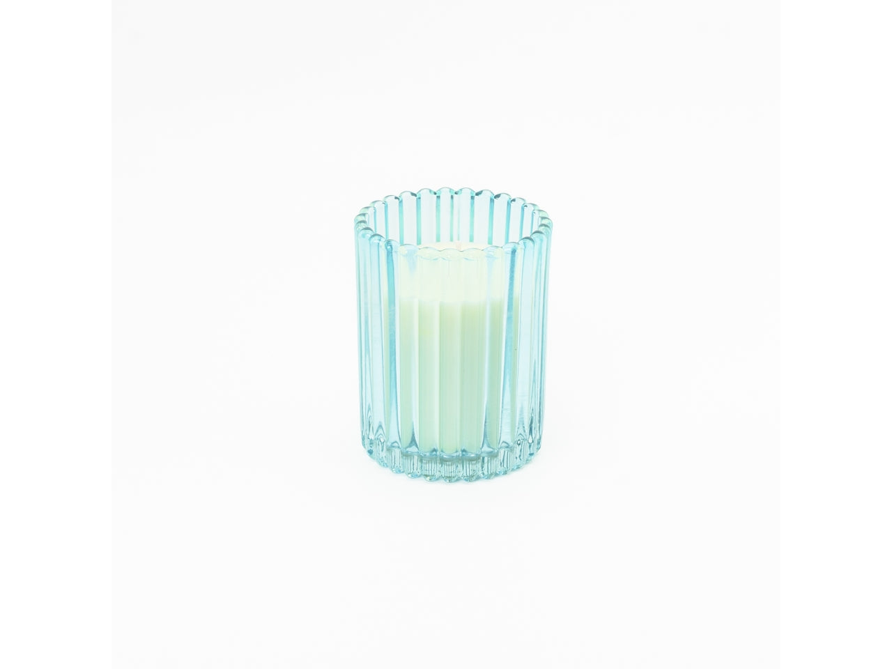 Candela con bicchiere in vetro rigato 7x10cm turchese