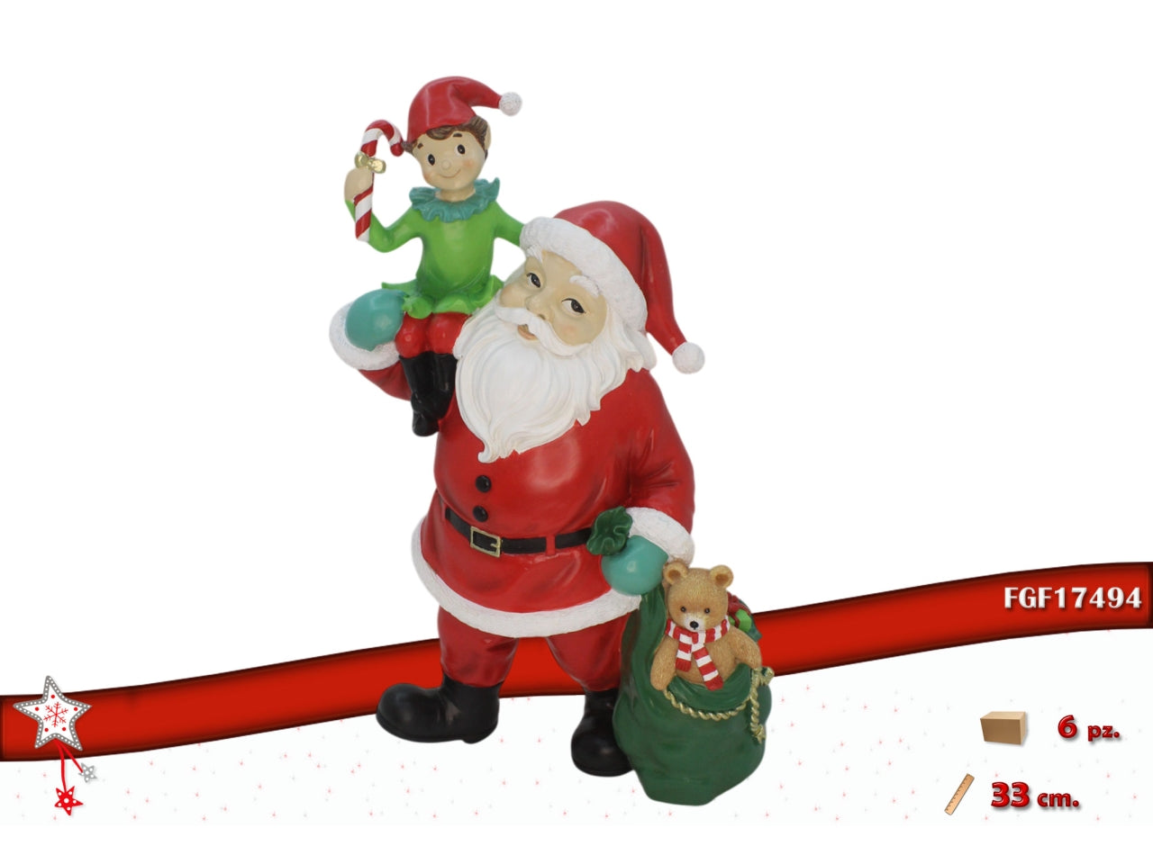 Babbo natale con elfo in poliresina 33cm