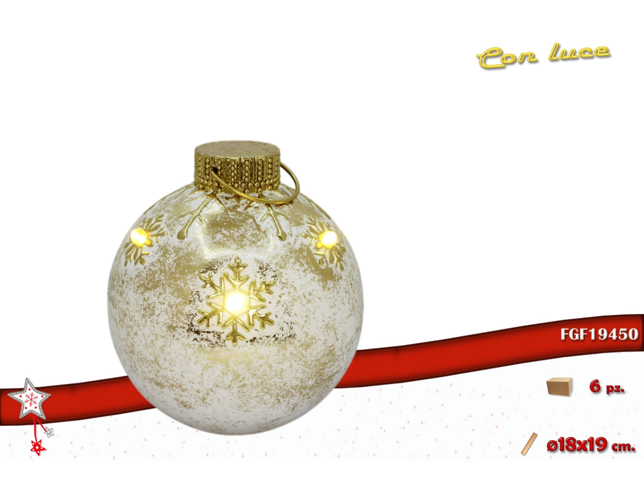 Palla 18cm in poliresina con led bianco e oro