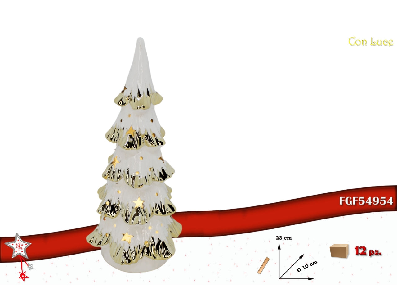 Albero 23cm in ceramica led bianco e oro con led