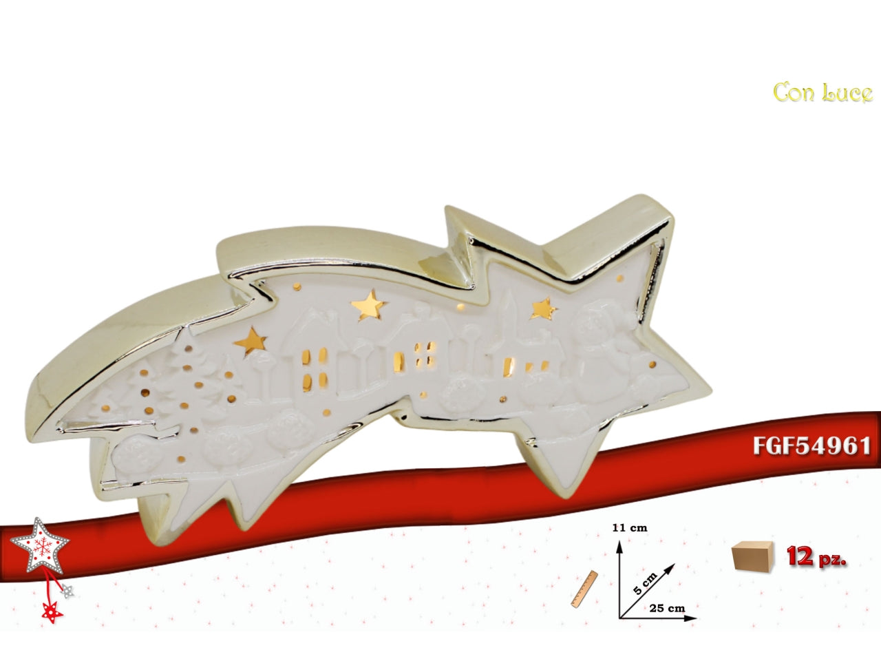 Stella cometa 25xh.11cm in ceramica bianco e oro con led
