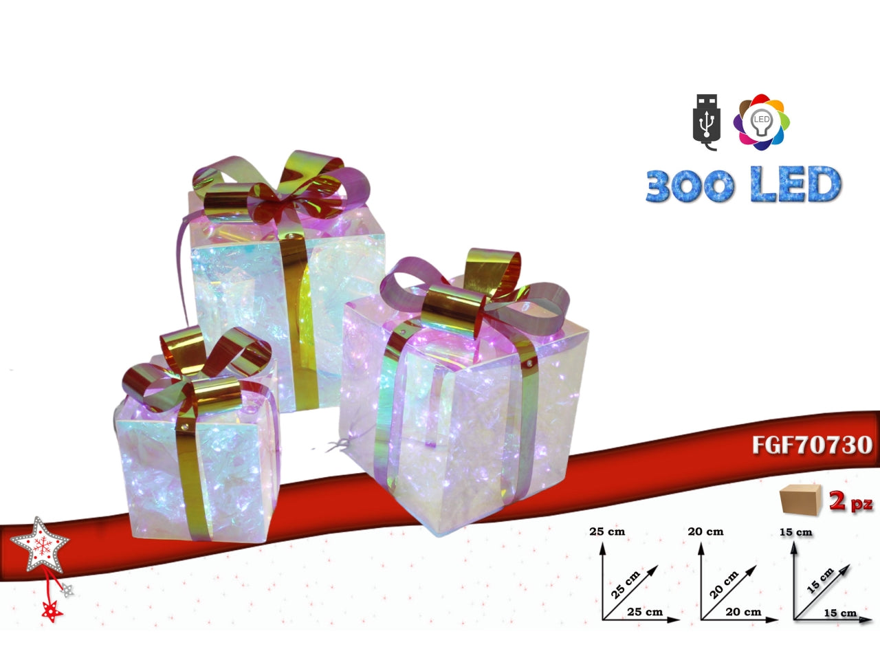 Pacchi pvc 3pezzi con 240led usb, piccolo 15x15x15cm, medio 20x20x20cm e grande25x25x25cm