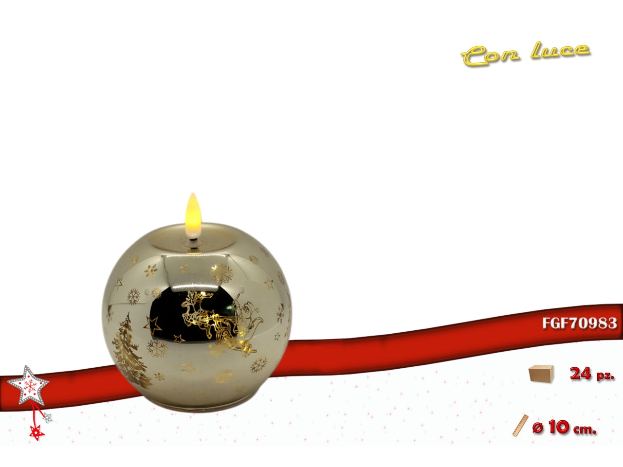 Palla vetro 10cm con fiamma led oro