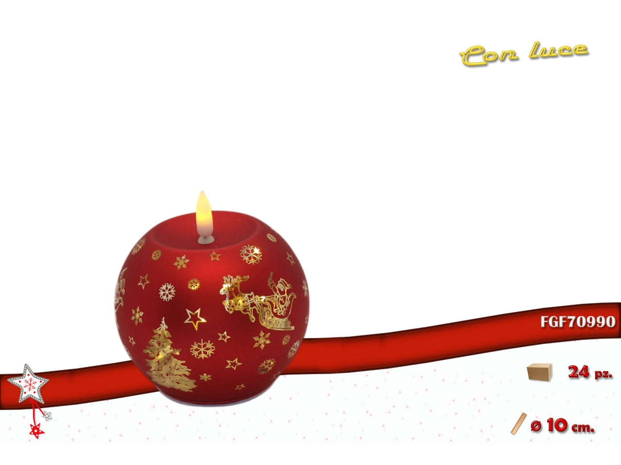 Palla vetro 10cm con fiamma led rossa e oro