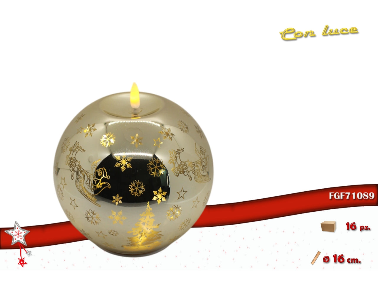 Palla vetro 16cm con fiamma led oro