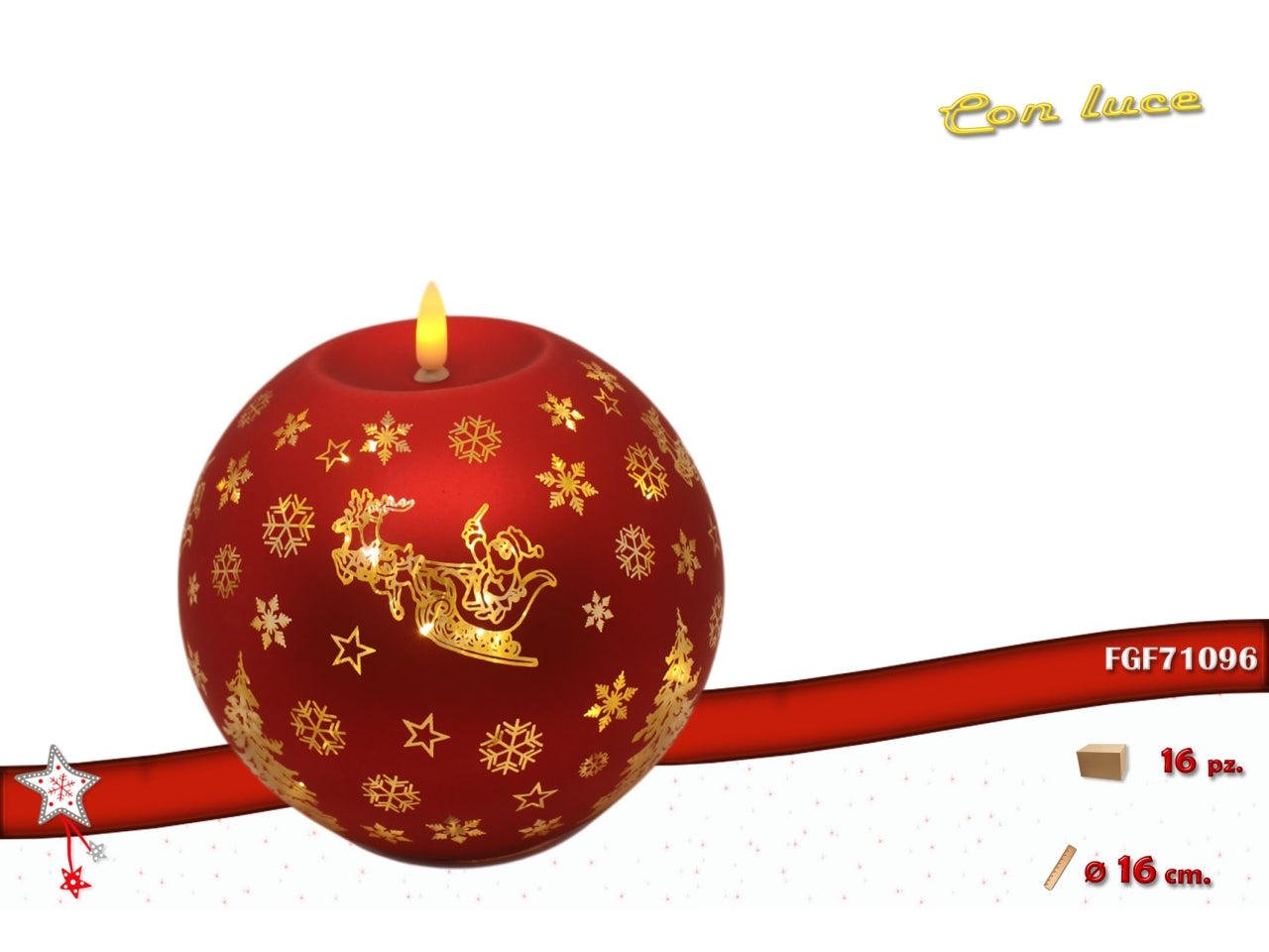 Palla vetro 16cm con fiamma led rossa e oro