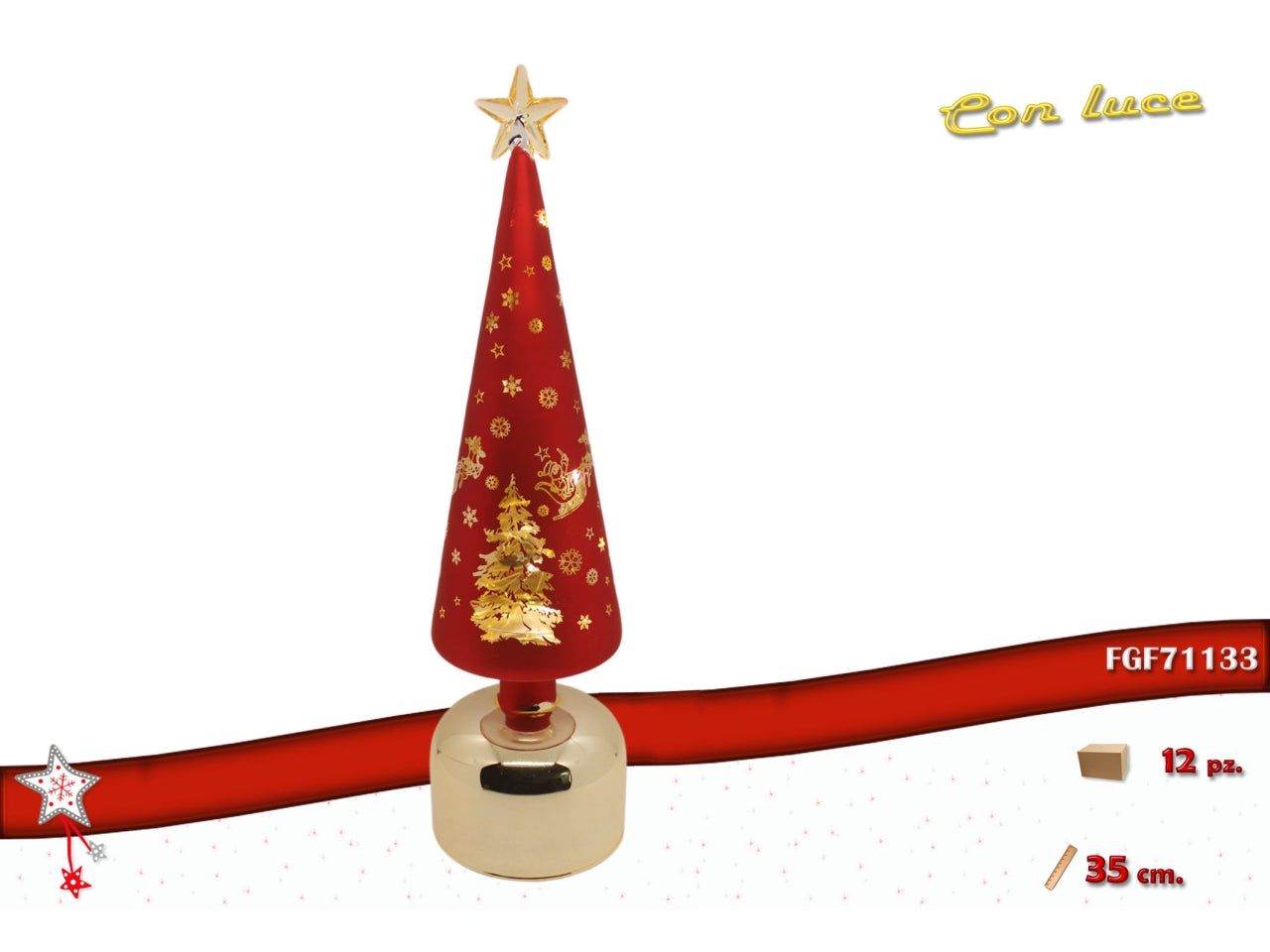 Albero vetro 35cm luminoso rosso e oro