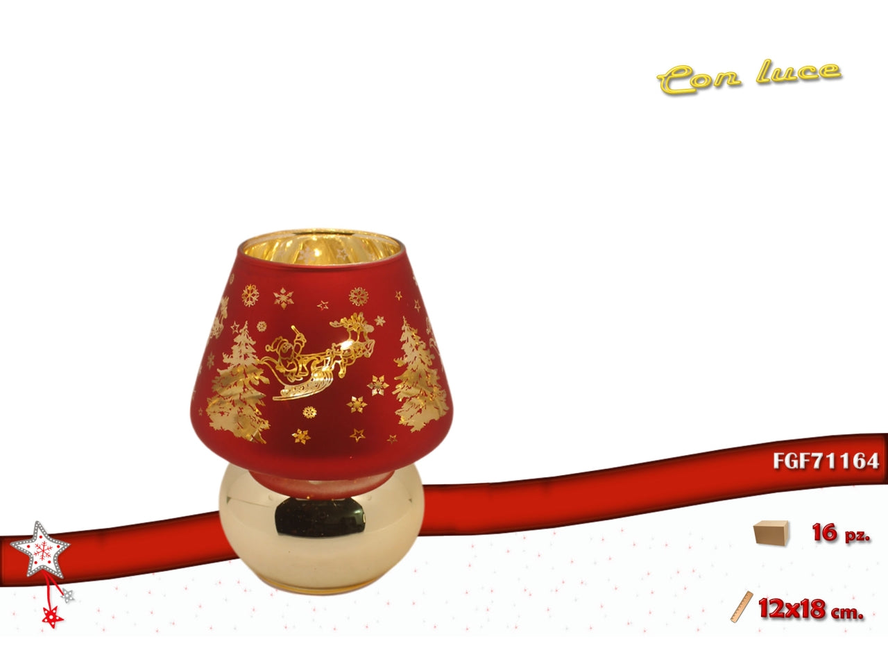 Lampada vetro 12x18cm con luce oro e rosso