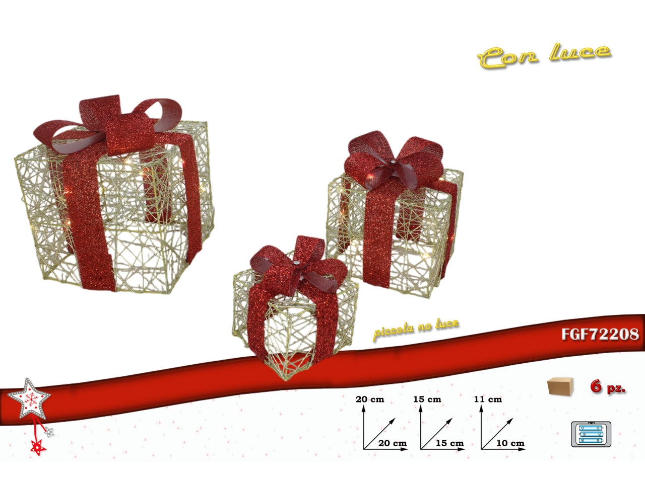 Pacchi regalo rete 3 pezzi luminosi oro a batteria, piccolo(senza luci) 10x11cm, medio 15x15cm, grande 20x20cm