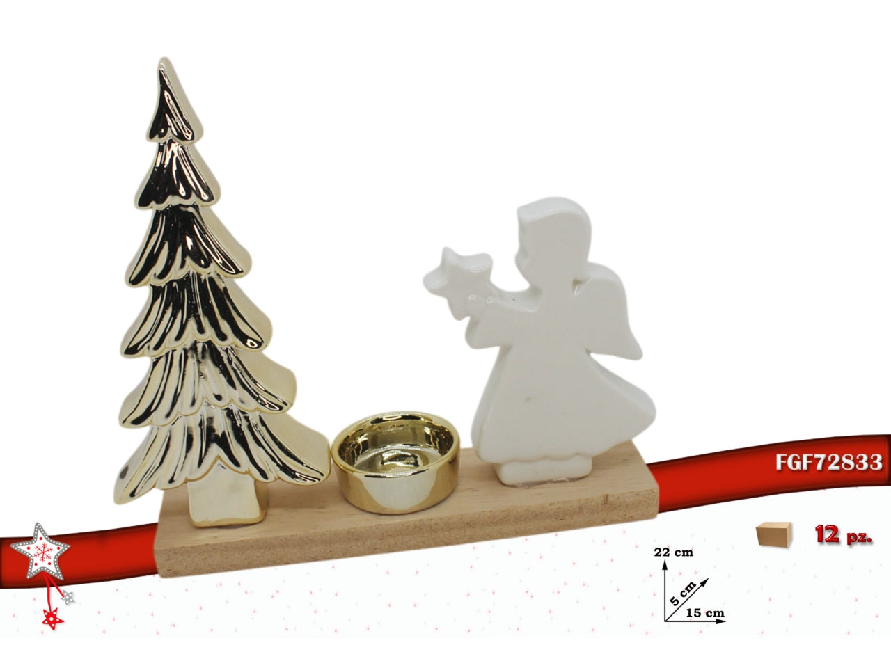 Porta tealight con albero e angelo bianco e oro