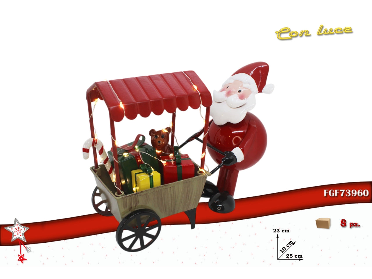 Babbo natale in metallo con carretto e led 25x10xh.23cm