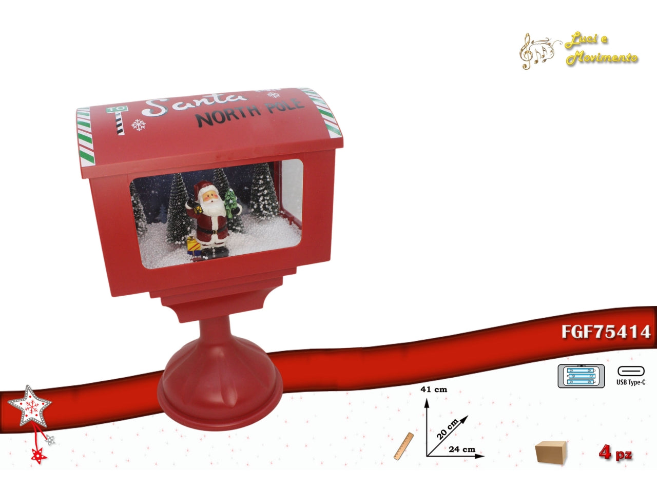 Lampione con babbo natale, movimento, musica e led h.41cm rosso