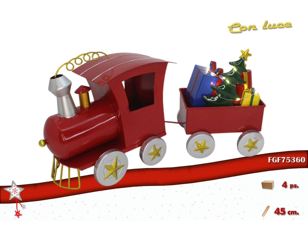 Treno in metallo con vagone e luci 45cm rosso