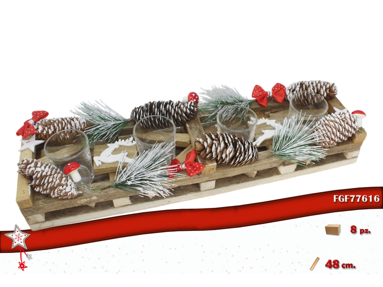 Portacandela in legno con 4bicchierini e decorazioni 48cm