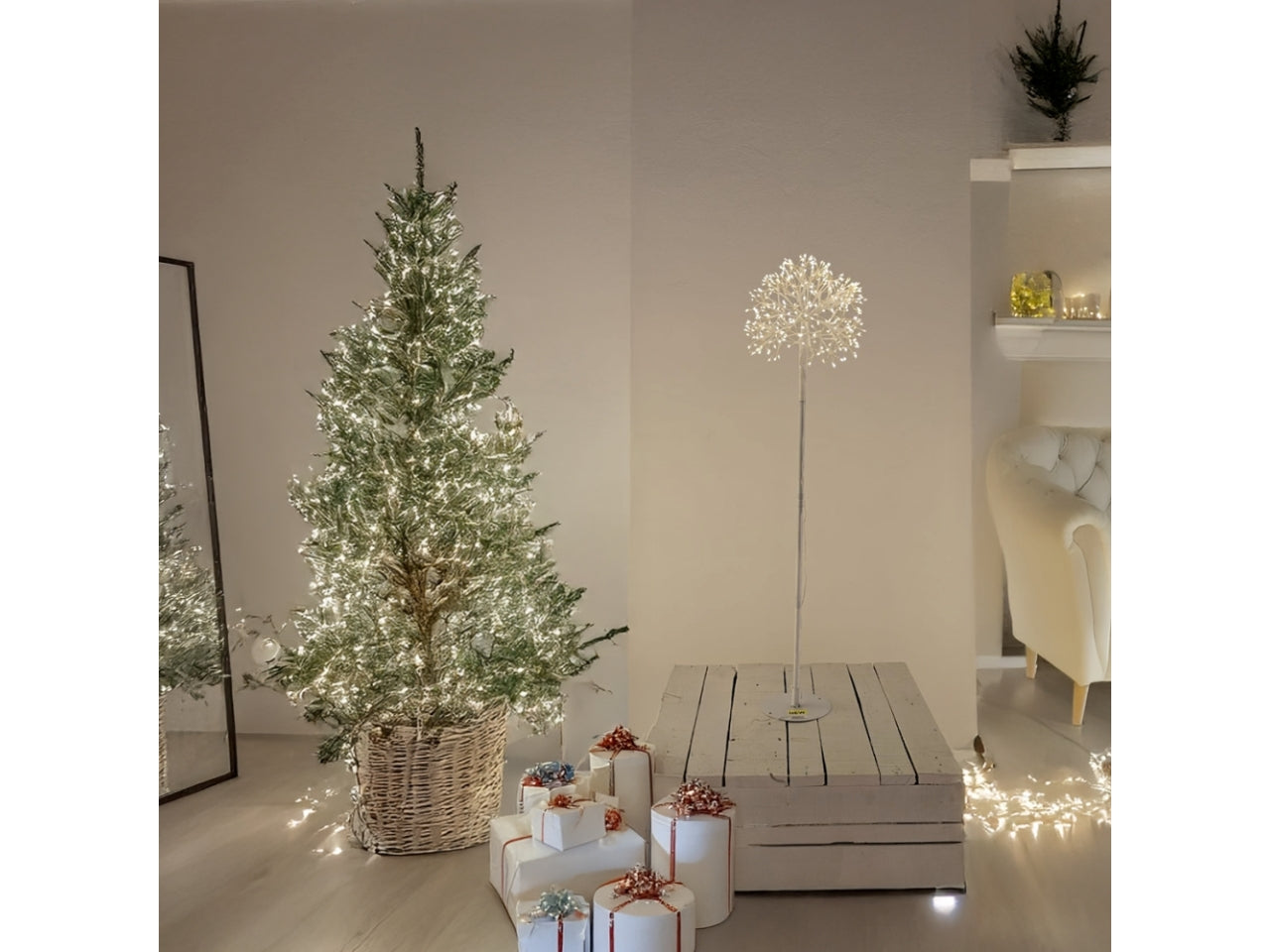 Piantana 115cm con ramo sfera a ciuffi 50cm e 384 microled bianco caldo e giochi di luce automatico flashled diamond per uso interno/esterno IP44