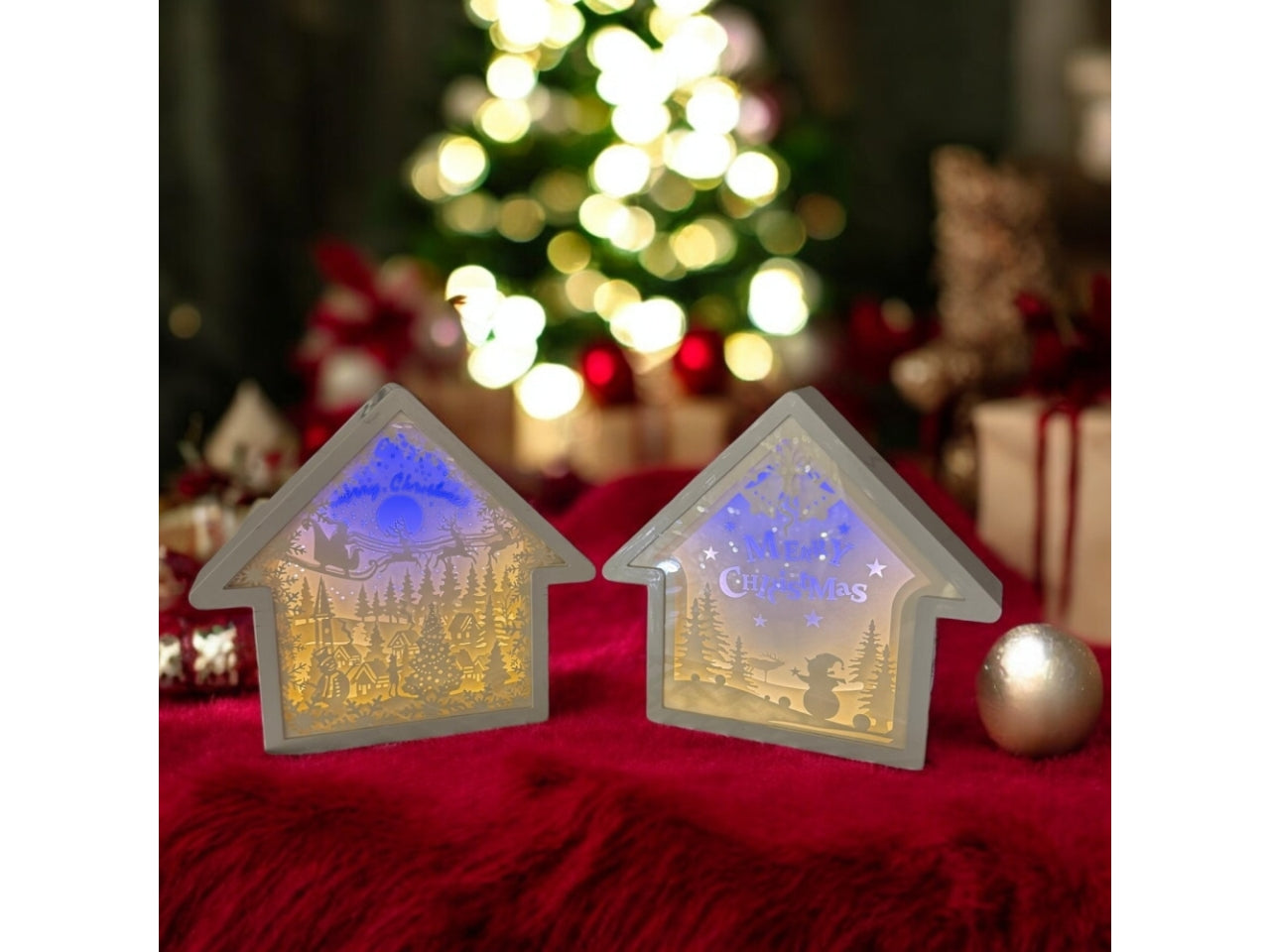 Decorazione luminosa casetta 21cm con led bianco caldo e blu, luce fissa a batteria, modelli assortiti