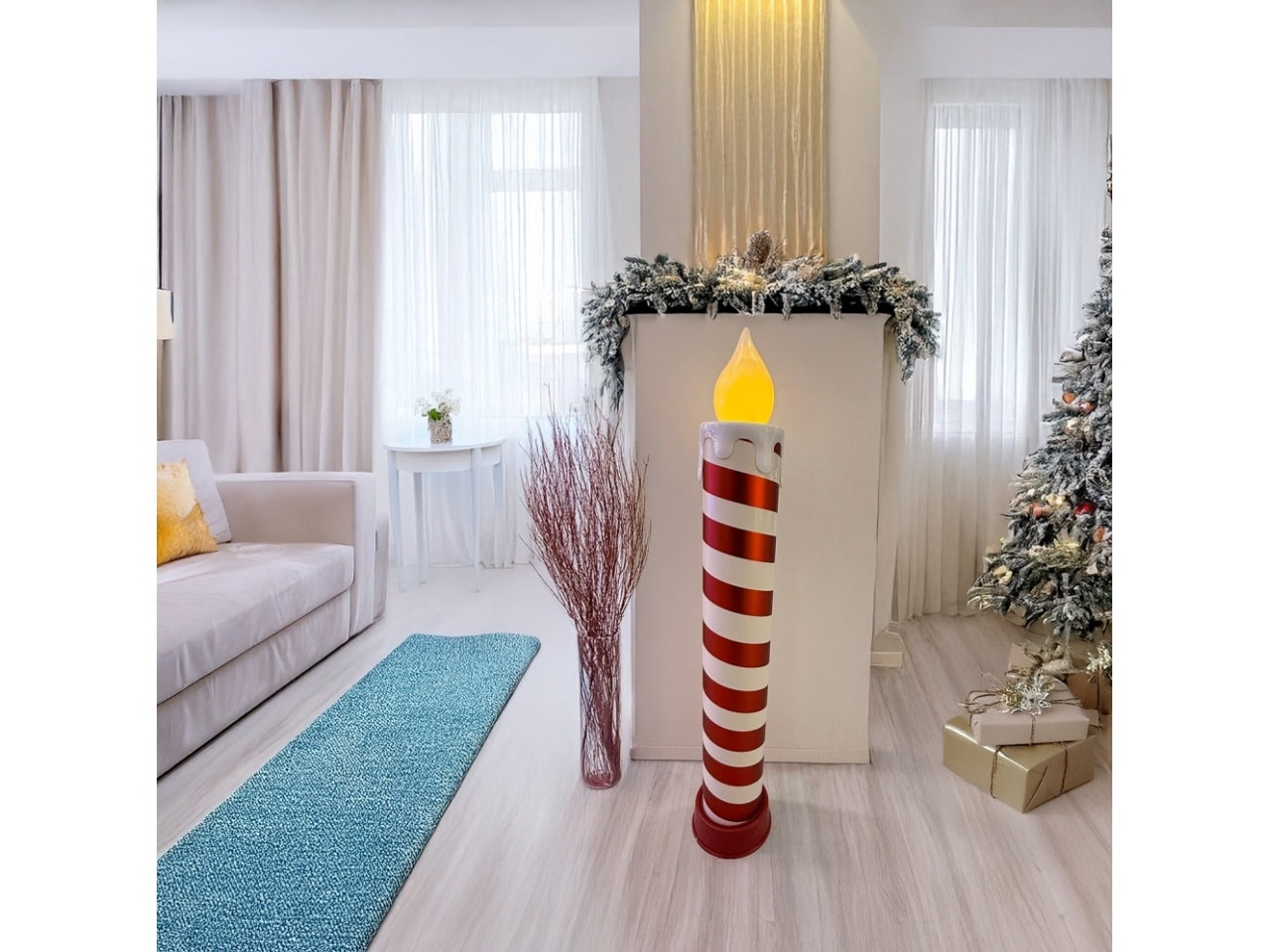 Candela luminosa gigante 14xh.85cm bianca e rossa con fiamma led bianco caldo a batteria
