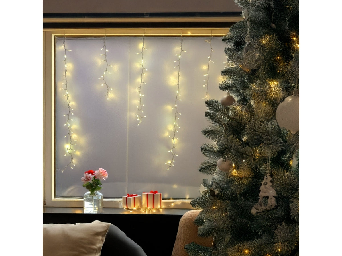 Tenda cluster 340x80cm 576 led bianco caldo e gioco di luce rincorrente bianco caldo, cavo trasparente per uso interno/esterno IP44