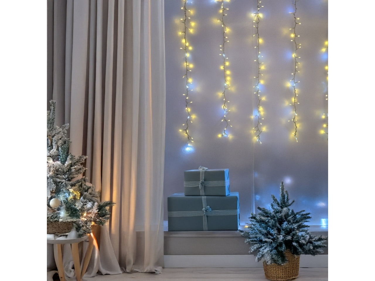 Tenda 460xh.80cm 1152 led bianco caldo e gioco di luce rincorrente bianco freddo, cavo trasparente per uso interno/esterno IP44