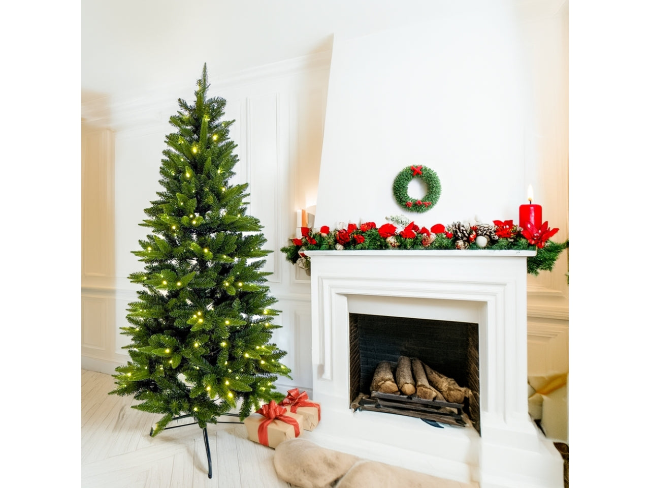 Albero slim prelit 180cm diametro 86cm, 803 punte verde, 300led bianco caldo, per uso interno/esterno e giochi di luce