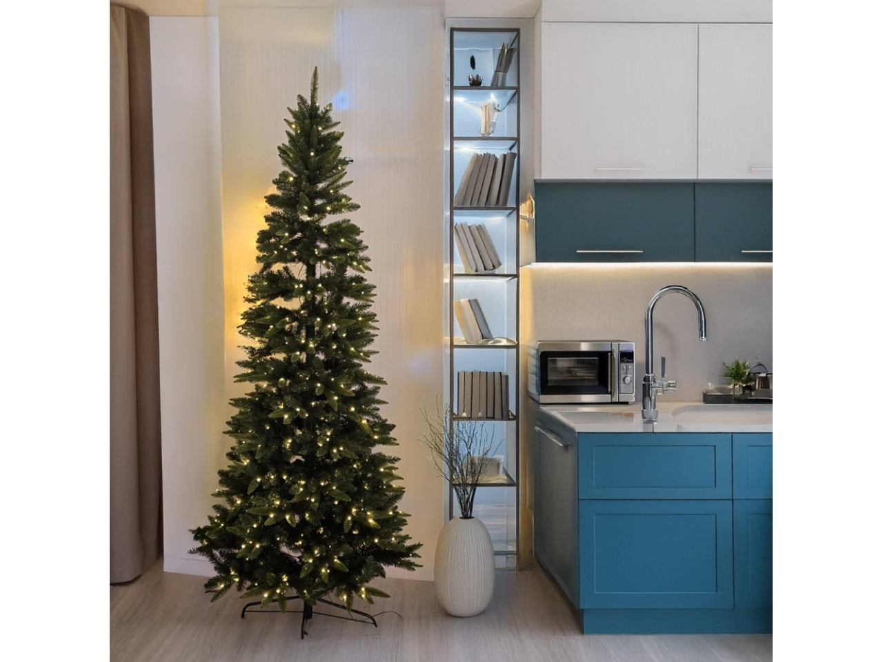 Albero slim prelit 240cm diametro 102cm, 1289 punte verde, 500led bianco caldo, per uso interno/esterno e giochi di luce