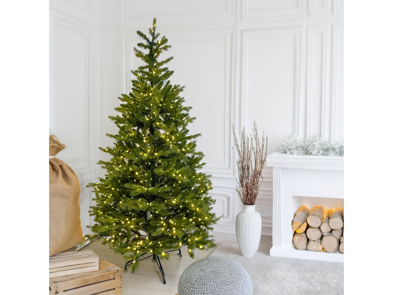Albero alpino prelit 210cm diametro 127cm, 1778 punte verde, 1000led bianco caldo, per uso interno/esterno e giochi di luce